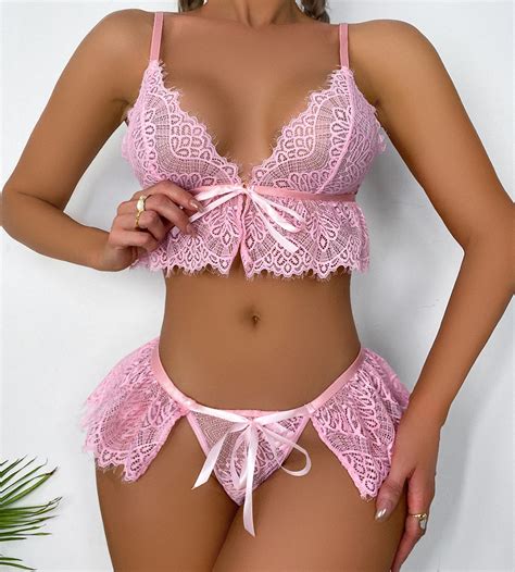 Pink Plus Size Eyelash Lace Tie Up Bra Puffy Panties Set Sexy Breathable Lingerie Cute Underwear