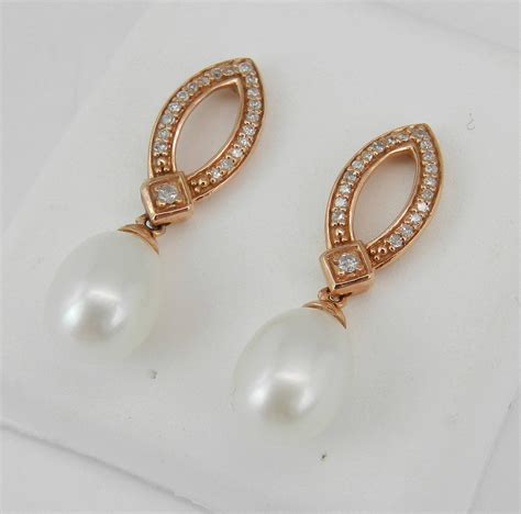 Pearl And Diamond Dangle Drop Earrings 14k Rose Gold June Birthstone