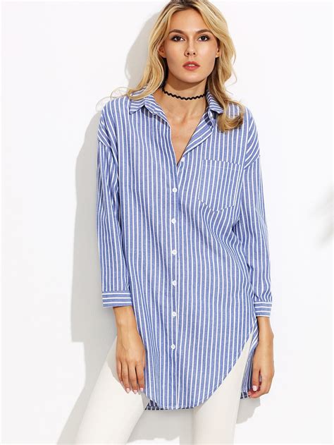 Blue Vertical Striped Shirt With Pocketfor Women Romwe