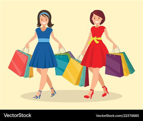 Two Happy Women Go Shopping Big Sale Royalty Free Vector