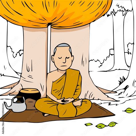 Cartoon Monks Meditating In The Forest Stock Illustration Adobe Stock