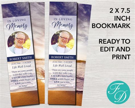 Funeral Bookmark For Man Funeral Favors Editable Obituary Bookmark