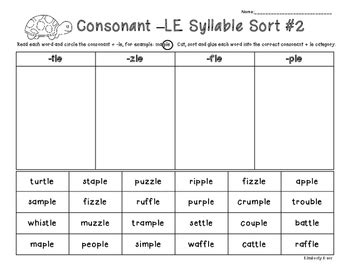 Consonant -LE Syllable Sort - 2 pages by 4 Little Baers | TpT