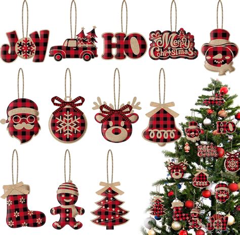 Soaoo 24 Christmas Burlap Tree Hanging Ornaments Red Black Buffalo Plaid Christmas