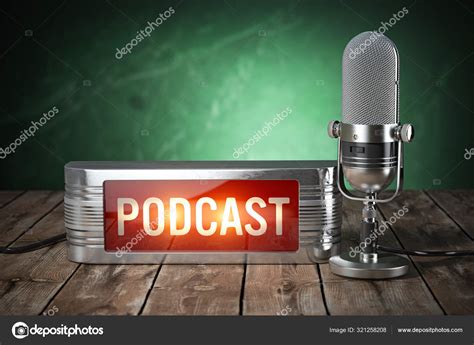 Podcast Vintage Microphone And Signboard With Text Podcast Stock