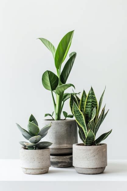 Premium Photo Three Different Types Of House Plants In Concrete Pots