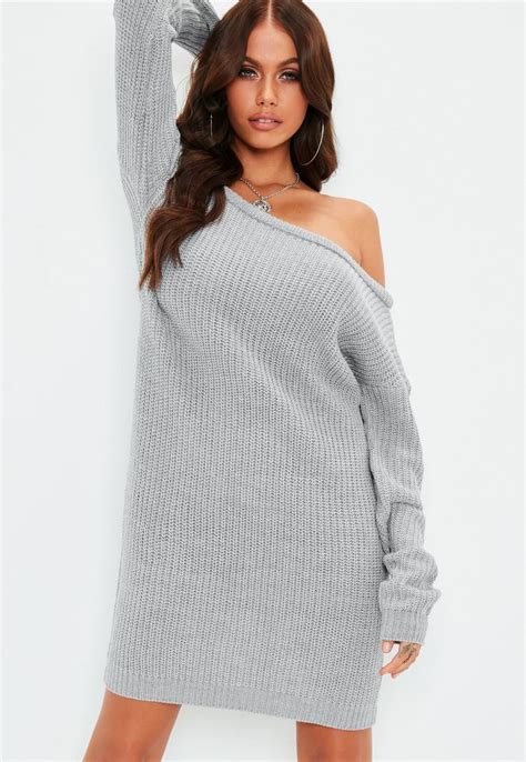 Gray Off Shoulder Knitted Sweater Dress Missguided Sweater Dress