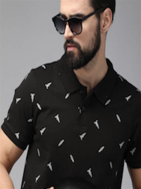 Buy The Roadster Lifestyle Co Men Black Printed Pure Cotton Polo Collar