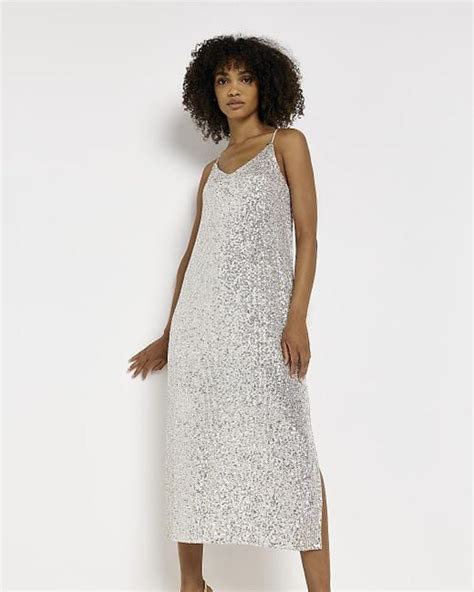 River Island Silver Sequin Slip Midi Dress In Grey White Lyst