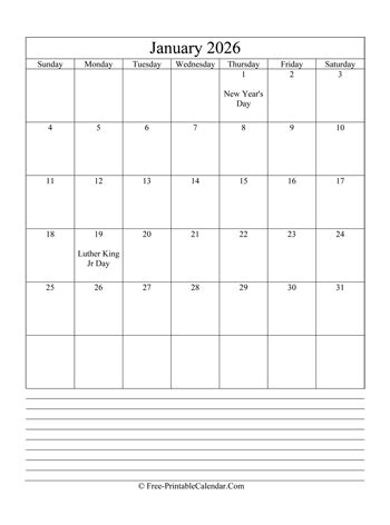 Free Printable Calendar January 2026, weeks start on Sunday