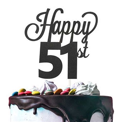 51st Happy Birthday Cake Topper Premium Double Sided Black Glitter