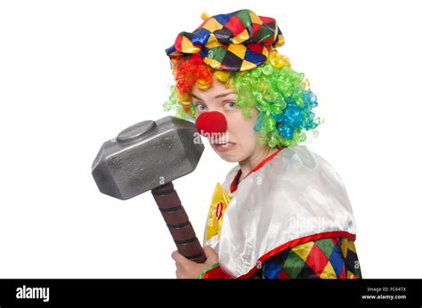 Clown with hammer isolated on white Stock Photo - Alamy