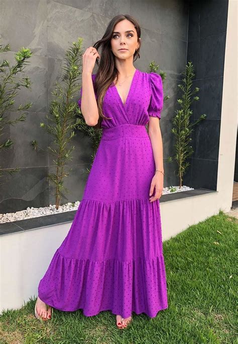 Vestido Hora De Diva Longo Mangas Fofas Roxo Beringela Vestidos