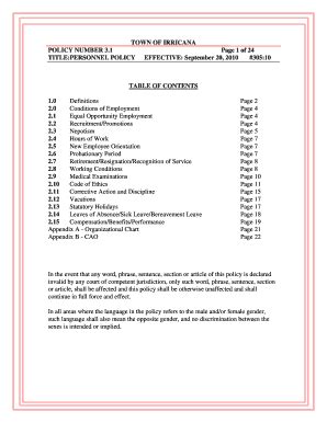 Fillable Online Townofirricana Titlepersonnel Policy Townofirricana