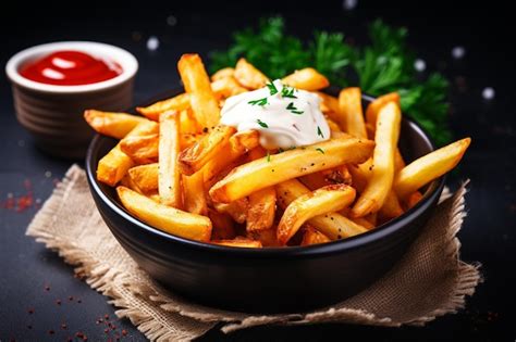 Premium Photo Crispy French Fries With Ketchup And Mayonnaise