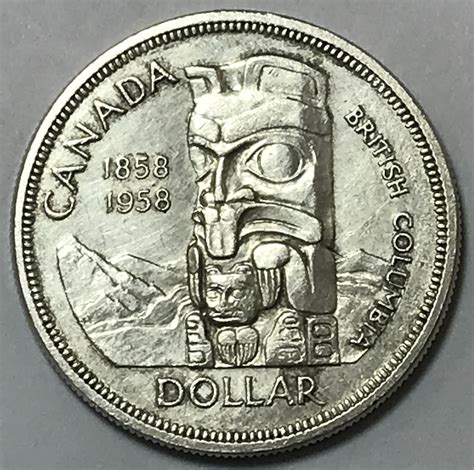 1958 Canada British Columbia 100th Anniversary Totem Pole Silver Dollar ...