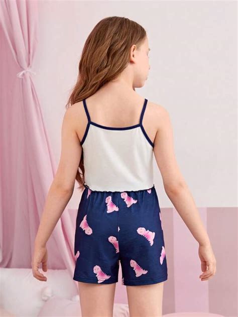 Tween Girl Cartoon Graphic Contrast Binding Cami Top Shorts Pj Set