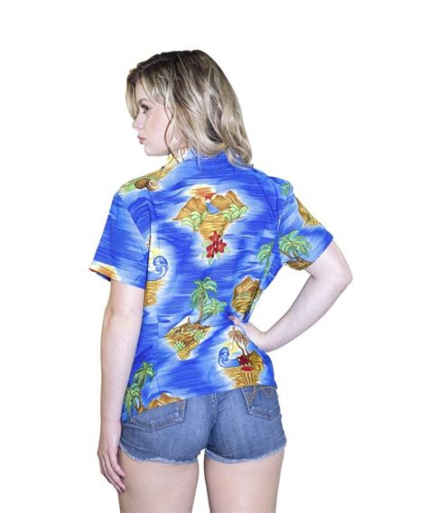 Hawaiian Shirt Women Scenic Flower Print Aloha Beach Blouse Swim Blue