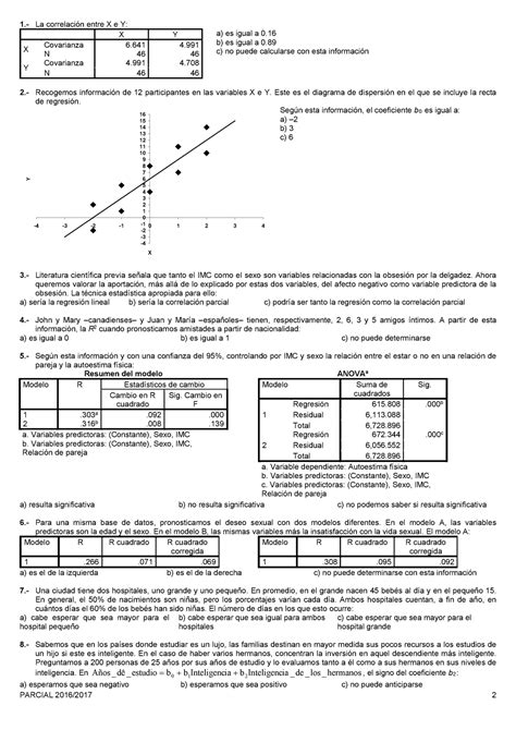 Examen Abril 2017 preguntas y respuestas 1 La correlación entre X