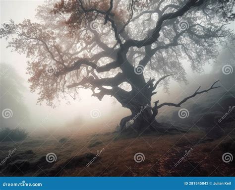 Double Exposure Tree And Foggy Landscape Stock Illustration