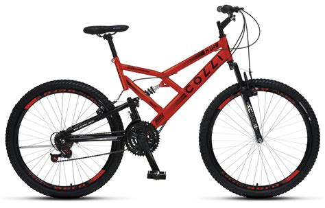 BICICLETA COLLI GPS DUPLA SUSPENSÃO FULL 21V VERMELHO ARO 26 GFS BIKE