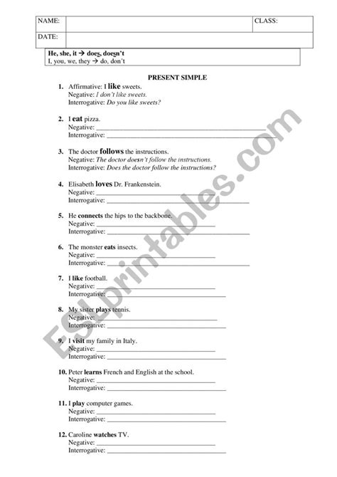 Present Simple Affirmative Negative And Interrogative Esl Worksheet