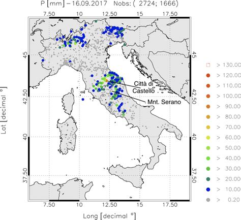 Daily precipitation over Italy on 16 September 2017. Only rain gauges ...