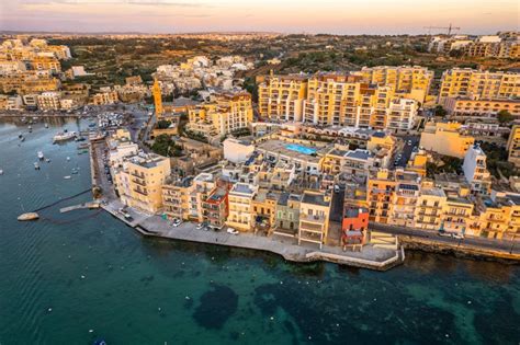 Marsaskala Village And Seascape Malta At Sunrise Aerial Drone View