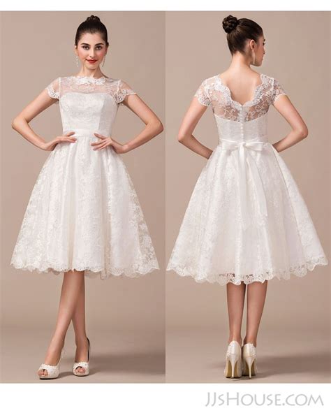 Us A Line Illusion Knee Length Lace Wedding Dress With Bow S