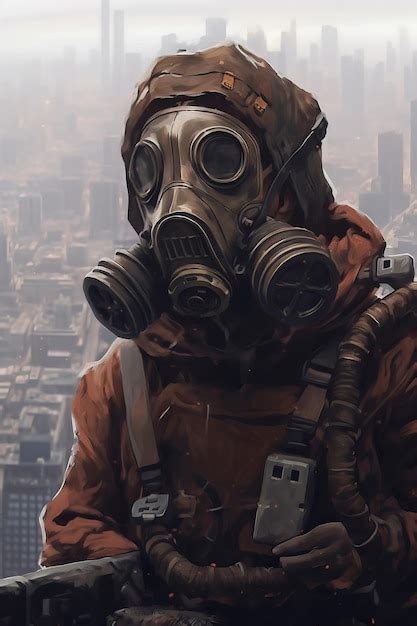 Premium Ai Image A Man In A Gas Mask Stands In Front Of A Cityscape