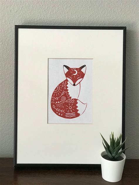 Tribal Fox Lino Print Fox Linocut Wall Art Artist Signed By Etsy