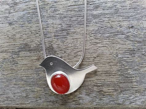 Sterling Silver Robin Pendant With Oval Carnelian Cabochon