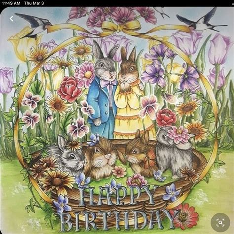 A Happy Birthday Card With Rabbits And Flowers