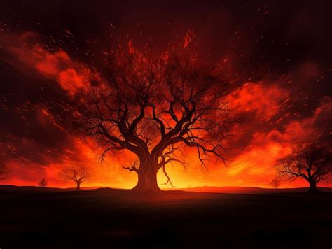 Premium Ai Image Burning Tree Silhouettes Against Fiery Sunset Sky