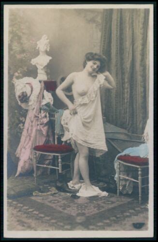 French Nude Woman Striptease Original Early 1900 Old Tinted Color Photo