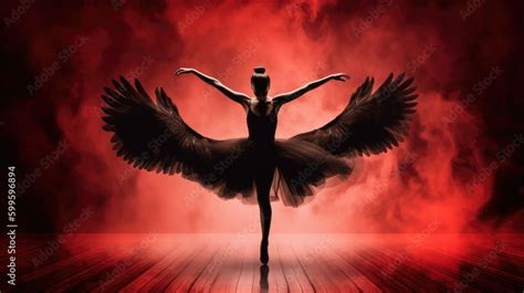 Female ballet dancer with black swan wings in black feathers tutu dress ...