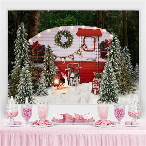 Lofaris Snow Forest Merry Christmas Tree Red Bus Scene Party Backdrop