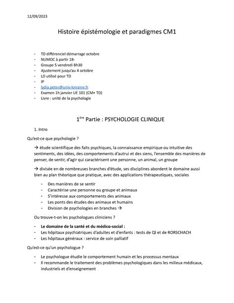 CM1 L1 psychologie Histoire épistémologie et paradigmes CM TD