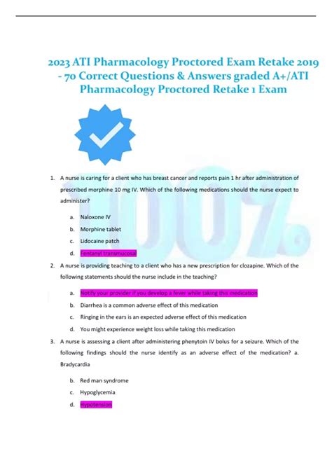 2023 ATI Pharmacology Proctored Exam Retake 2019 70 Correct Questions