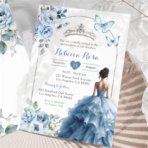 Elegant Silver Dusty Blue Butterfly Quinceañera Invitation Zazzle