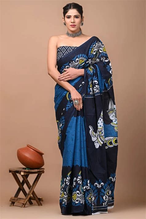 Mulmul Cotton Hand Block Printed Sarees Mtr With Blouse Piece At