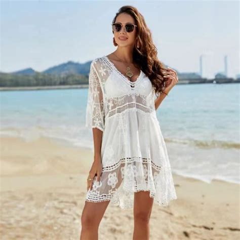Robe de Plage Femme D été Dentelle Col en V Cardigan Cache Bikini Cover Up Taille Unique blanc