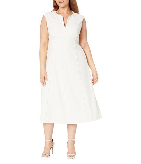 Calvin Klein Cap Sleeve V Neck Scuba Crepe Midi Sheath In White Lyst