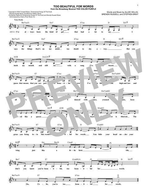 Too Beautiful For Words Sheet Music The Color Purple Musical Lead