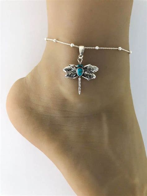 Genuine Turquoise Dragonfly Anklet Sterling Silver Beaded Ankle