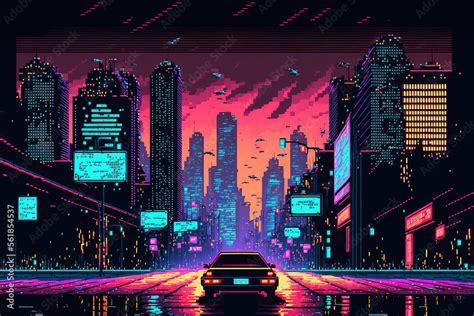 Neon Pixel City Night Futuristic Dark Night Neon Cityscape With