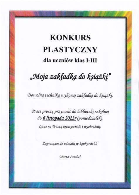 Konkurs plastyczny dla uczniów klas I III Moja zakładka do książki