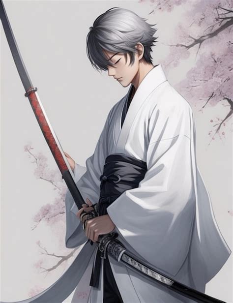 Premium AI Image Anime Man In White Kimono And Sword In Hand