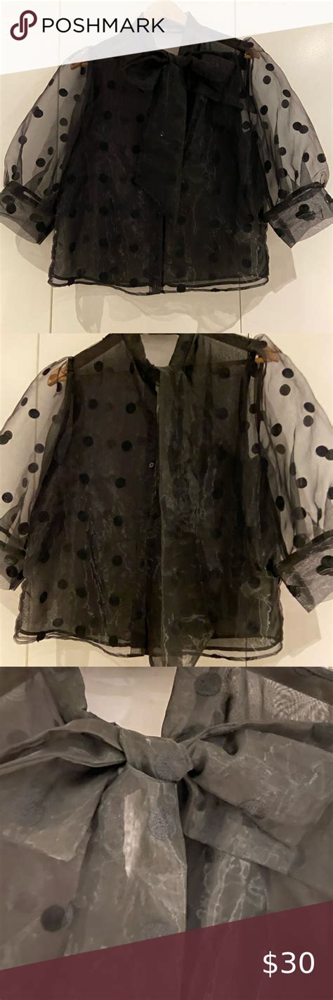 Sheer Organza Black Polka Dot Blouse With Puffed Sleeves And Bow Detail