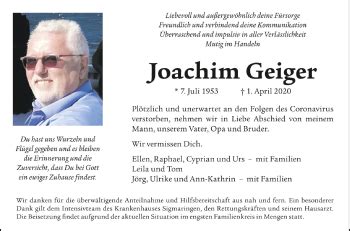 Traueranzeigen Von Joachim Geiger Schwaebische De Trauerportal